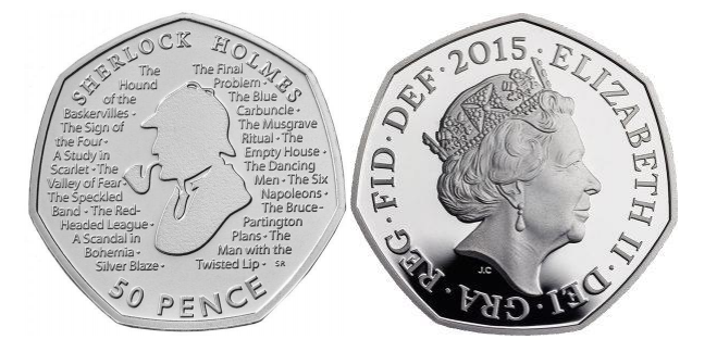 The Sherlock Holmes coin, showing a silhouette of Holmes on the reverse and Queen Elizabeth on the obverse