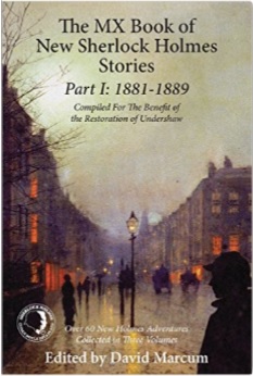 Cover of the MX Book of New Sherlock Holmes Stories, part one, with a street in
            London with lights in the windows of buildings