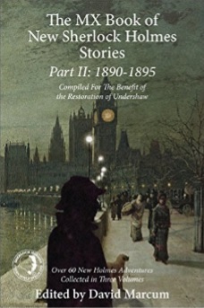 Cover of the MX Book of New Sherlock Holmes Stories, part two, with people on a bridge with
            Big Ben in the background