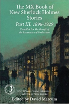 Cover of the MX Book of New Sherlock Holmes Stories, part three,with a rainy street and yellow
            streaks from the windows