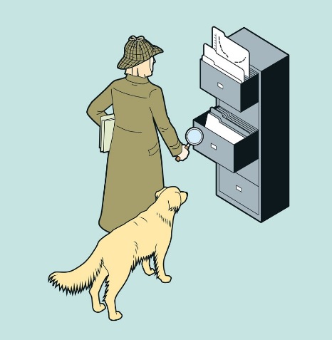 A woman wearing a trenchcoat and a deerstalker holding a magnifying glass standing in front of an open filing cabinet. A dog is to the woman's right.