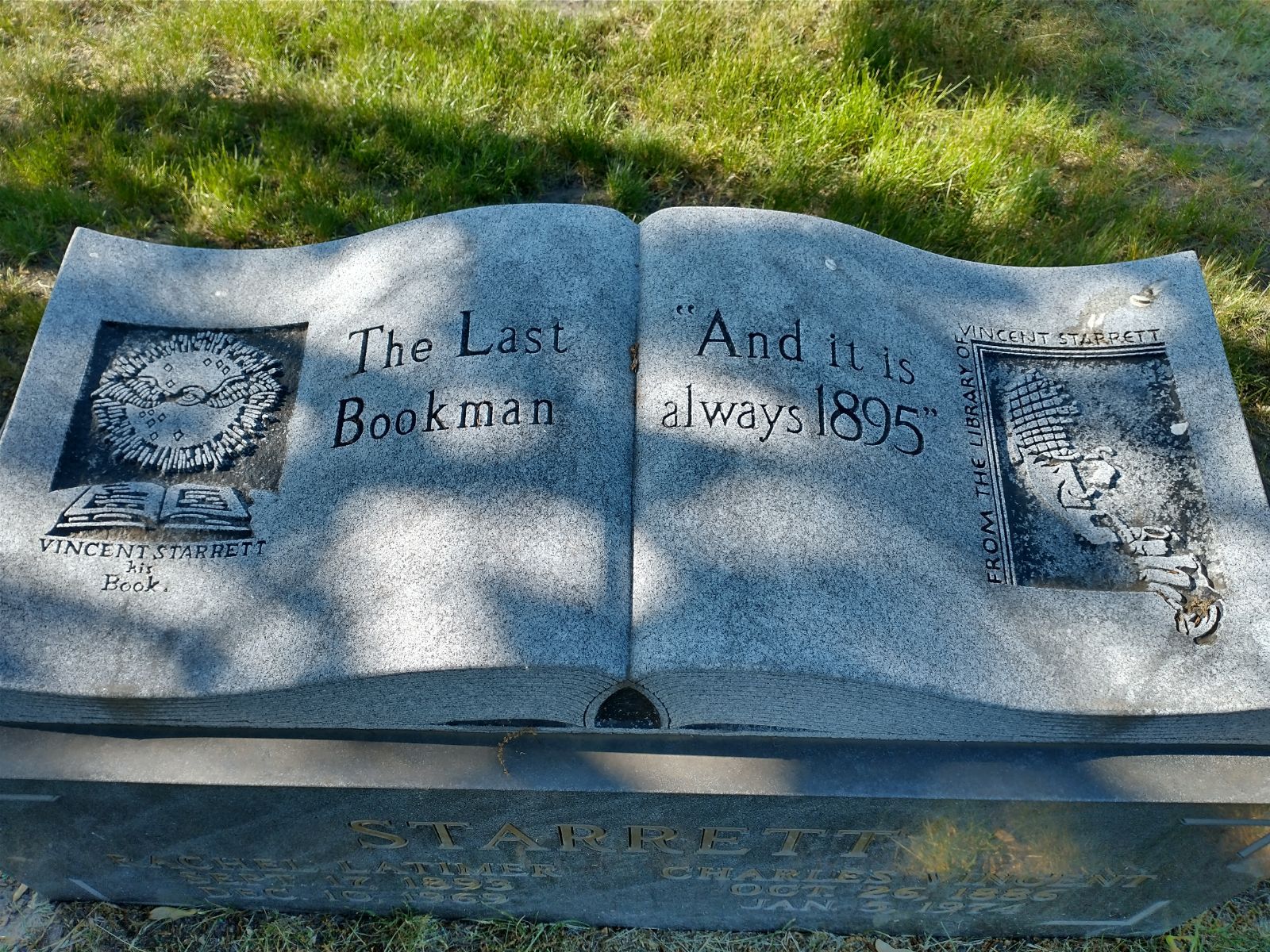 Book
          carved in stone on a headstone with The Last Bookmark and And it is always 1985 on it.