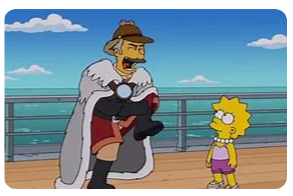 A cartoon version of Taika Watiti and Lisa Simpson on a ship, the former in a deerstalker and white cape laughing uproariously.