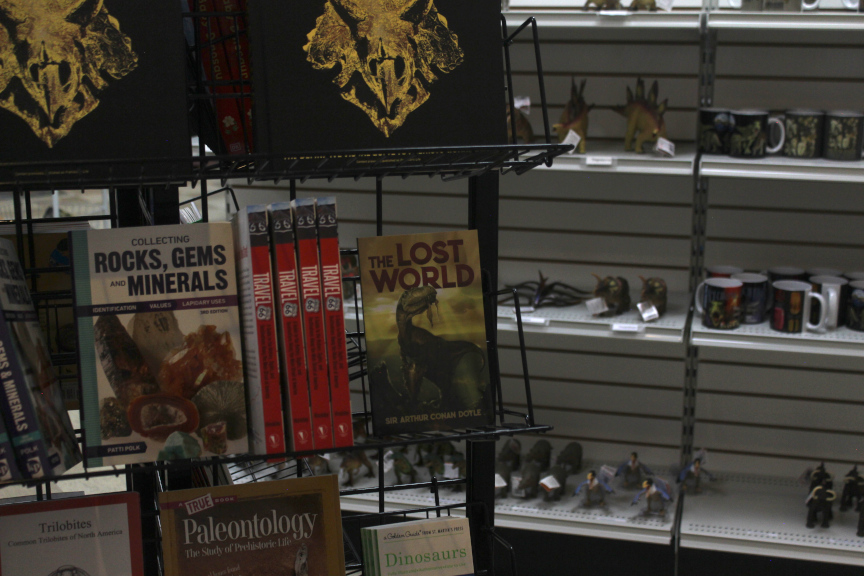 Book rack in a gift shop with book on rocks and minerals, Route 66 Travel book and The Lost World by Arthur Conan Doyle.